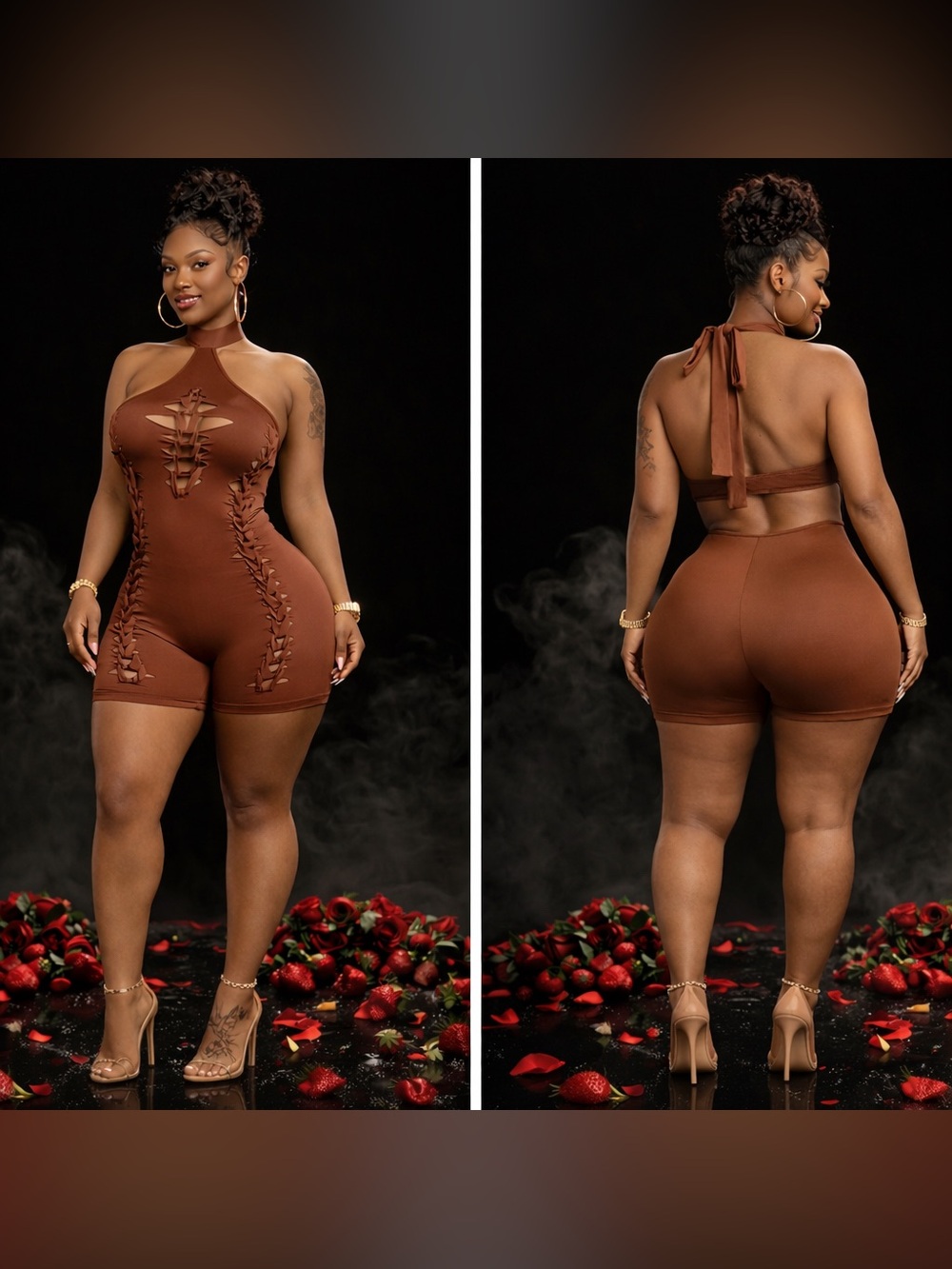 Brown Halter Lace-Up Women Top